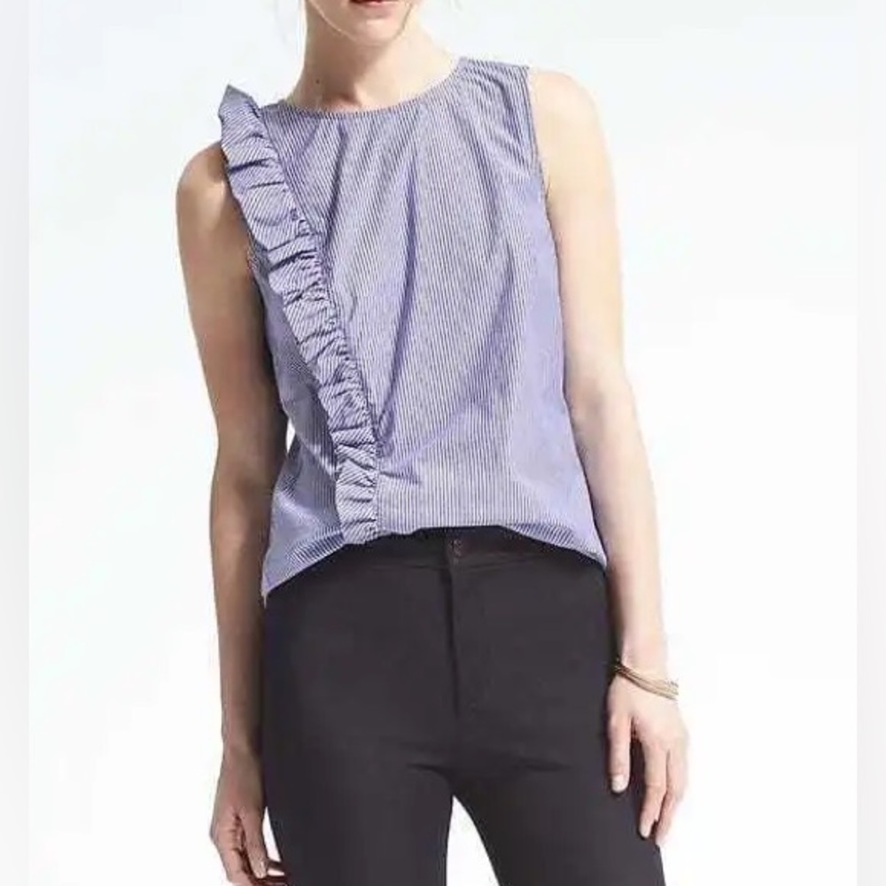 Banana Republic Blue White Striped Ruffle Ruched Sleeveless Blouse Top 2